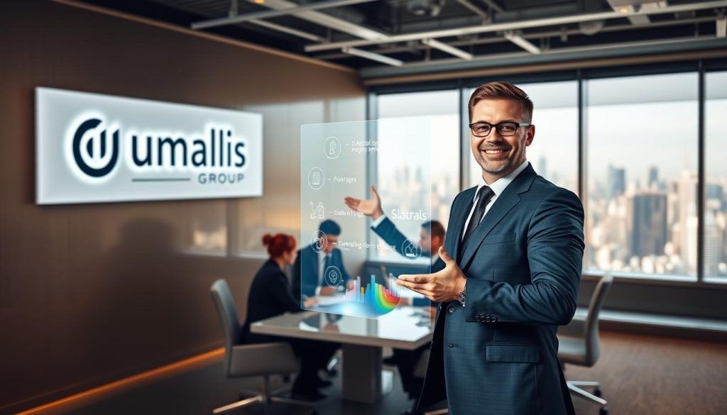 A sleek, modern office setting with an Umalis Group logo prominently displayed on the wall. In the foreground, a smiling business executive gestures towards a holographic display showcasing the advantages of their salarial portage services. The middle ground features well-dressed professionals collaborating at a conference table, while the background depicts a bustling city skyline through large windows, conveying a sense of professionalism and growth. The lighting is warm and inviting, creating a welcoming atmosphere that highlights the benefits of Umalis Group's salarial portage solutions for enterprises.