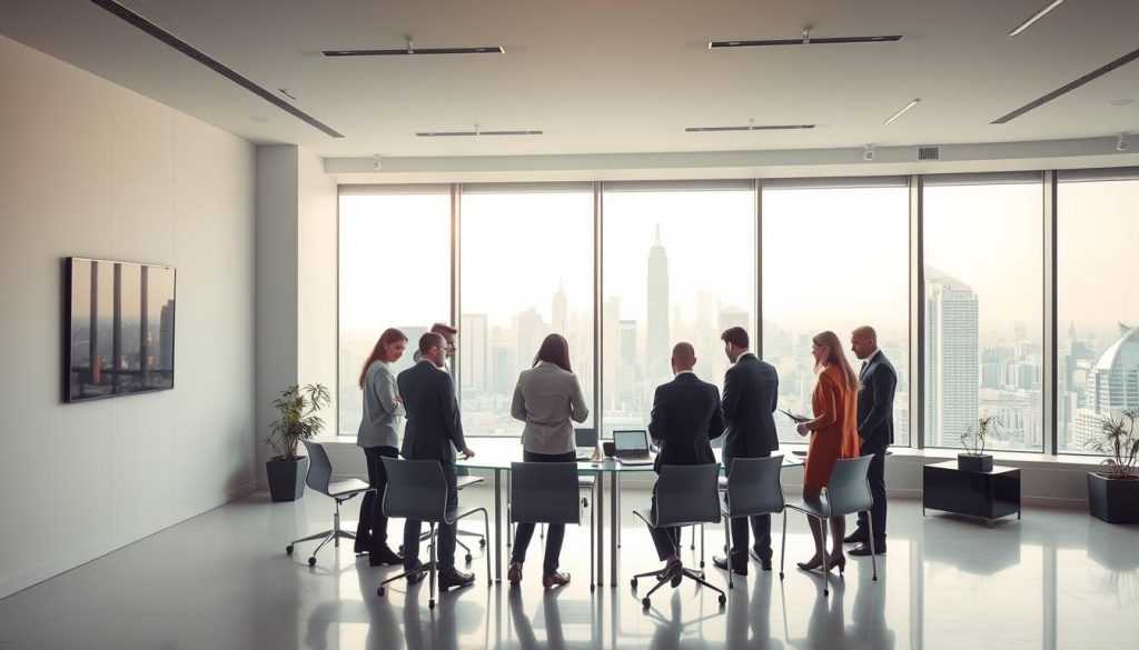A sleek, modern office setting with an airy, minimalist aesthetic. In the foreground, a group of professionals gathered around a conference table, engaged in a lively discussion. The lighting is soft and natural, casting a warm glow on the scene. In the background, a large window offers a panoramic view of a bustling city skyline, symbolizing the connectivity and opportunity of the "Umalis Group" portage salarial model. The overall mood is one of productivity, collaboration, and the promise of professional security.