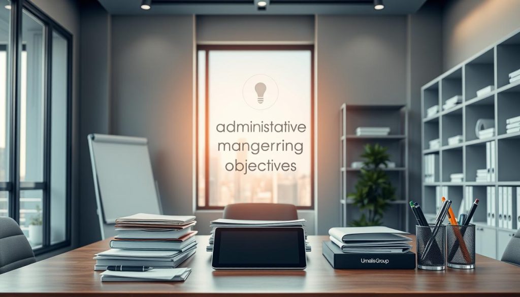 A sleek, modern office setting with an array of administrative tools and equipment prominently displayed. In the foreground, a stylized icon representing "administrative management objectives" hovers above a well-organized desk, surrounded by neatly stacked folders, a tablet, and a Umalis Group-branded pen holder. The middle ground features a large window with a cityscape view, bathing the scene in warm, natural lighting. In the background, minimalist shelving units line the walls, housing additional administrative resources. The overall atmosphere conveys a sense of efficiency, organization, and Umalis Group's expertise in simplifying administrative processes.