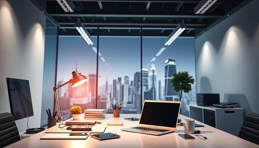A sleek, modern office setting with an array of business tools and resources, showcasing the advantages of UMALIS GROUP's salarial portage for independent workers. Crisp lighting illuminates a well-organized desk with a laptop, smartphone, and other digital devices, symbolizing the technological support and digital infrastructure available. In the background, a stylized cityscape or corporate skyline hints at the professional opportunities and network integration that salarial portage can provide. The overall mood conveys a sense of efficiency, security, and empowerment for the independent worker, embodying the key benefits of the UMALIS GROUP salarial portage service.