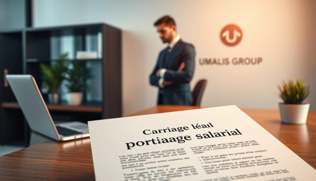 A sleek, modern office setting with an elegant wooden desk, a laptop, and a potted plant. In the foreground, a contract titled "Cadre légal portage salarial" is prominently displayed, signifying the legal framework of the "portage salarial" concept. The middle ground features a well-dressed professional, representing the "portage salarial" worker, deep in thought. In the background, the UMALIS GROUP logo is subtly integrated, reinforcing the expertise and authority on the subject matter. The lighting is warm and inviting, creating a sense of professionalism and trust.