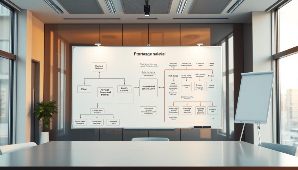 A sleek, modern office setting with an intricate workflow diagram depicting the "portage salarial" process. In the foreground, a stylized organizational chart showcases the key roles and interactions between the client, the Umalis Group employment platform, and the independent worker. The middle ground features a large, interactive whiteboard displaying step-by-step visualizations of the administrative and financial procedures. The background is bathed in warm, natural lighting, creating a professional and collaborative atmosphere. The overall composition conveys the efficiency, security, and transparency of the Umalis Group's "portage salarial" service for independent workers.
