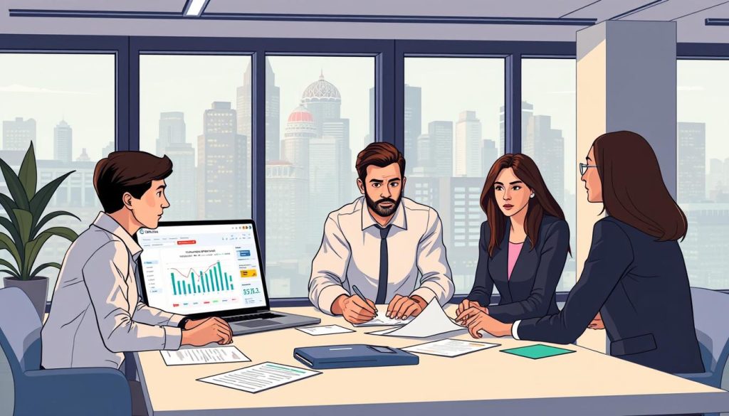 A sleek, modern office setting with minimalist decor and clean lines. In the foreground, a team of professionals gathered around a table, discussing payroll optimization strategies for a small-to-medium enterprise (SME). Warm, directional lighting illuminates their focused expressions and the paperwork spread out before them. In the middle ground, a laptop displays a visual dashboard of payroll data, showcasing key performance indicators and potential areas for streamlining. The background features large windows overlooking a bustling city skyline, conveying a sense of a thriving, forward-thinking business environment. The overall mood is one of collaboration, efficiency, and a drive to optimize SME payroll processes.