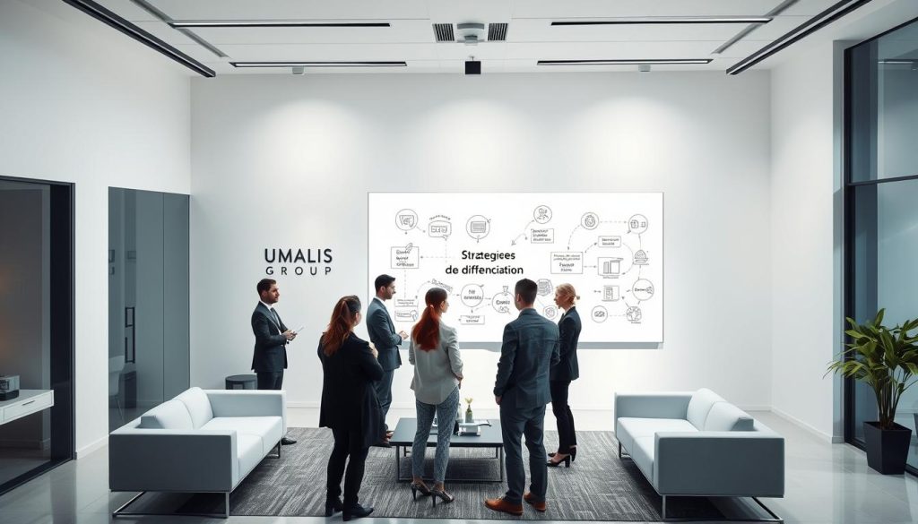 A sleek, modern office setting with minimalist furniture and clean lines. In the foreground, a group of professionals in business attire are engaged in a collaborative discussion, highlighting the "Stratégies de Différenciation des Entreprises de Portage". In the middle ground, a large whiteboard displays various strategies and concepts related to the "portage salarial" industry. The background features the Umalis Group logo, subtly reinforcing the brand identity. The lighting is bright and natural, creating a professional and innovative atmosphere. The camera angle is slightly elevated, offering a bird's-eye view of the scene, conveying a sense of authority and expertise.