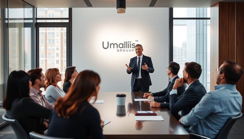 A sleek, modern office setting with natural lighting filtering in through large windows. In the center, a smartly dressed businessperson is standing, gesturing to a group of attentive individuals seated around a conference table, representing the "manager transition" process. The Umalis Group logo is subtly displayed on the wall behind them, conveying the company's expertise in this area. The atmosphere is one of professionalism, collaboration, and a sense of forward momentum, reflecting the "successful professional transition" theme.
