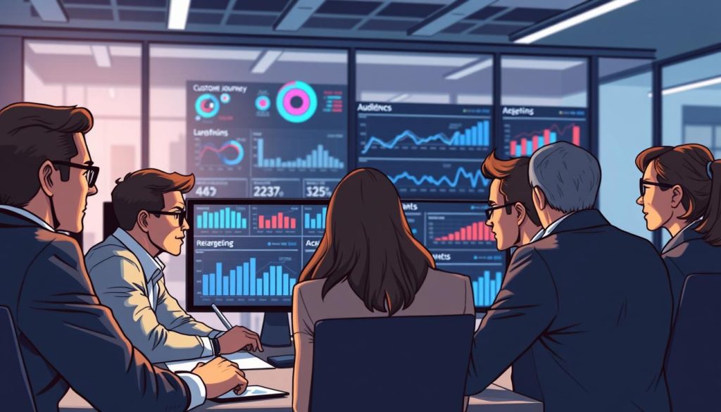 A sleek, modern office setting with strategically placed screens and analytics dashboards. In the foreground, a team of Umalis Group marketing experts collaboratively review custom audience data, their expressions focused and determined. Soft, directional lighting casts subtle shadows, highlighting the intensity of their work. In the middle ground, abstract visualizations of audience segments, customer journey touchpoints, and retargeting metrics unfold across the displays. The background subtly blurs, conveying a sense of technological innovation and a data-driven approach to digital advertising. An atmosphere of calculated precision, efficiency, and the pursuit of impactful custom audience strategies. A sleek, modern office setting with strategically placed screens and analytics dashboards. In the foreground, a team of Umalis Group marketing experts collaboratively review custom audience data, their expressions focused and determined. Soft, directional lighting casts subtle shadows, highlighting the intensity of their work. In the middle ground, abstract visualizations of audience segments, customer journey touchpoints, and retargeting metrics unfold across the displays. The background subtly blurs, conveying a sense of technological innovation and a data-driven approach to digital advertising. An atmosphere of calculated precision, efficiency, and the pursuit of impactful custom audience strategies.