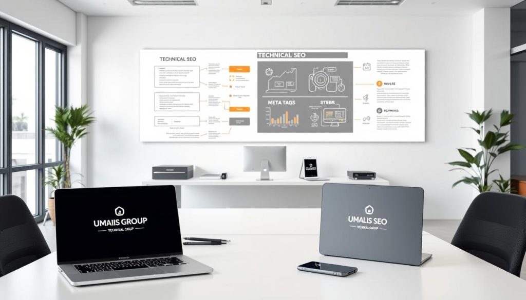 A sleek, modern office setup with a minimalist aesthetic. In the foreground, a laptop, smartphone, and other tech devices emblazoned with the Umalis Group logo. The middle ground features a desk with a clean, streamlined design, and behind it, a large wall-mounted display showcasing technical SEO elements like sitemaps, meta tags, and website structure. The background is a simple, bright room with large windows, allowing natural light to flood the space. The overall atmosphere is one of efficiency, innovation, and a focus on technical optimization for boosting online rankings.