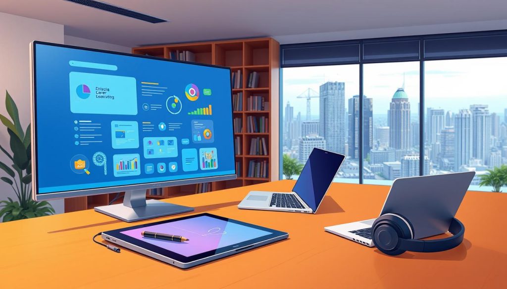 A sleek, modern office setup with a variety of digital learning tools. In the foreground, a high-resolution touchscreen display showcases interactive educational content. Beside it, a stylized tablet and stylus rest on a minimalist wooden desk. The middle ground features a state-of-the-art laptop and wireless headphones, symbolizing remote learning and collaboration. In the background, a bookshelf filled with digital resources and a large window overlooking a vibrant cityscape create an atmosphere of productivity and innovation. Warm, diffused lighting illuminates the scene, capturing the essence of effective career management tools and strategies.