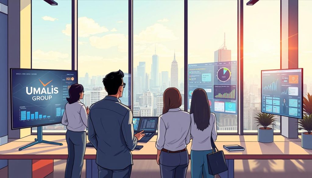 A sleek, modern office space, flooded with natural light from large windows. In the foreground, a team of business analysts intently studying trend data visualizations on high-resolution displays, the Umalis Group logo prominently featured. The middle ground showcases interactive dashboards and holographic projections, allowing for seamless data analysis and collaboration. In the background, a cityscape skyline can be seen, symbolizing the broader industry and market trends being monitored. The scene conveys a sense of focus, innovation, and strategic decision-making, all in service of propelling business growth.