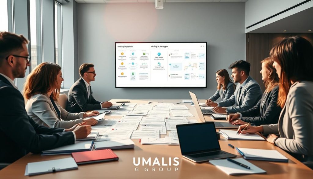 A sleek modern office space illuminated by soft, natural lighting filtering through large windows. In the foreground, a diverse group of professionals, dressed in smart business attire, are engaged in a focused discussion around a large conference table strewn with notebooks, laptops, and digital devices. In the middle, a whiteboard filled with organized notes and diagrams showcases a clear process for meeting preparation, transcription, and proofreading. The background features a smart screen displaying visual flowcharts related to effective meeting management. The overall atmosphere is professional and collaborative, highlighting the importance of reliability in meeting management and AI-assisted documentation. The branding of "UMALIS GROUP" is subtly integrated into the conference room design, symbolizing innovation in professional practices.