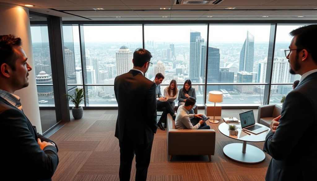 A sleek, modern office space in the heart of an international city, showcasing the Umalis Group's forward-thinking approach to global talent management. The foreground features a well-dressed professional consulting with clients, their body language and facial expressions conveying a sense of confidence and expertise. In the middle ground, a diverse team collaborates on laptops, surrounded by minimalist furniture and high-tech amenities. The background provides a panoramic view of the cityscape, emphasizing the international scope of Umalis Group's operations. Warm, diffused lighting creates a welcoming atmosphere, while a subtle color palette of greys, whites, and blues evokes a sense of professionalism and innovation.