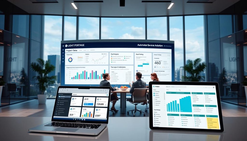 A sleek, modern office space with a large, curved display showcasing a LIGHT PORTAGE Professional Services Automation (PSA) dashboard. The dashboard features real-time project data, resource utilization charts, and automated workflow notifications. In the foreground, a laptop and a tablet display various PSA tools, highlighting automation features like appointment scheduling, time tracking, and expense management. The middle ground features a team of professionals collaborating around a conference table, discussing project progress. The background depicts a panoramic city skyline, conveying a sense of technological innovation and progress.