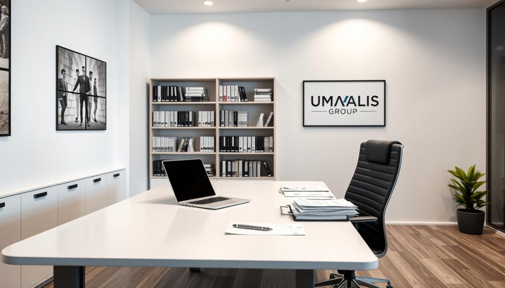 A sleek, modern office space with a large desk and ergonomic chair. On the desk, a laptop, pen, and organized files and documents. The lighting is soft and indirect, creating a calm, productive atmosphere. In the background, shelves filled with business management books and a framed logo for "UMALIS GROUP". The overall mood is one of efficient, optimized workflow and financial organization.