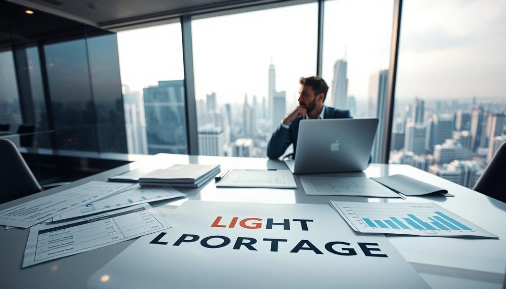 A sleek, modern office space with a large panoramic window overlooking a bustling cityscape. In the foreground, a neatly organized desk featuring the LIGHT PORTAGE brand logo, showcasing various financial documents, graphs, and a laptop displaying data visualizations. The middle ground features an executive sitting at the desk, deep in thought, contemplating the information before them. The background is softly lit, creating a warm and professional atmosphere, emphasizing the importance of financial governance, accountability, and measurement in modern income management.