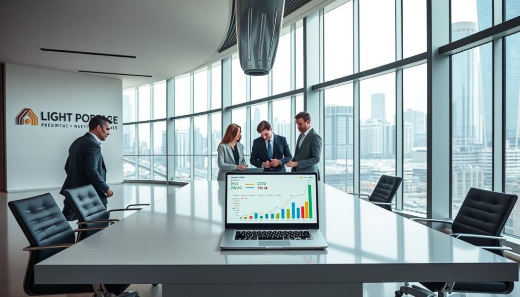 A sleek, modern office space with a large table at the center. On the table, a laptop displays a financial dashboard, with charts and graphs showing portfolio performance data. In the foreground, a team of business professionals examines the data, engaged in a collaborative discussion. The room is bathed in natural light, with floor-to-ceiling windows offering a panoramic view of a bustling cityscape. The walls are adorned with the LIGHT PORTAGE brand logo, reflecting the professional, analytical nature of the scene. The overall atmosphere conveys a sense of focused productivity and strategic decision-making.