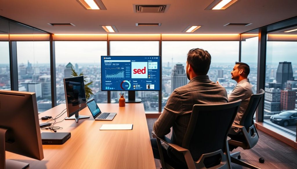 A sleek, modern office space with an ergonomic desk and comfortable chairs. In the foreground, a consultant from the Umalis Group is meeting with a client, engaged in a lively discussion about search engine optimization (SEO) strategies. The middle ground features a large monitor displaying analytics and metrics, while the background showcases a panoramic view of a bustling city skyline, reflecting the digital nature of their work. Warm, directional lighting emanates from overhead fixtures, creating a professional and productive atmosphere. The scene conveys a sense of collaboration, expertise, and the power of SEO to drive web visibility for the consultant's clients.