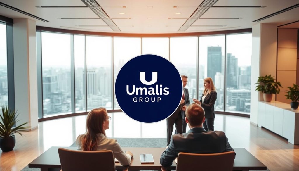 A sleek, modern office space with clean lines and minimalist decor. In the foreground, a team of professionals engaged in a collaborative discussion, highlighting the legal framework of the "Portage Salarial" employment model. The middle ground features a large, stylized logo for the "Umalis Group", a leader in this specialized field. The background showcases a panoramic view of a bustling city skyline, symbolizing the dynamic and evolving nature of the industry. The lighting is warm and inviting, creating a professional yet approachable atmosphere. The overall composition conveys a sense of expertise, clarity, and the empowerment of employees within the "Portage Salarial" system.