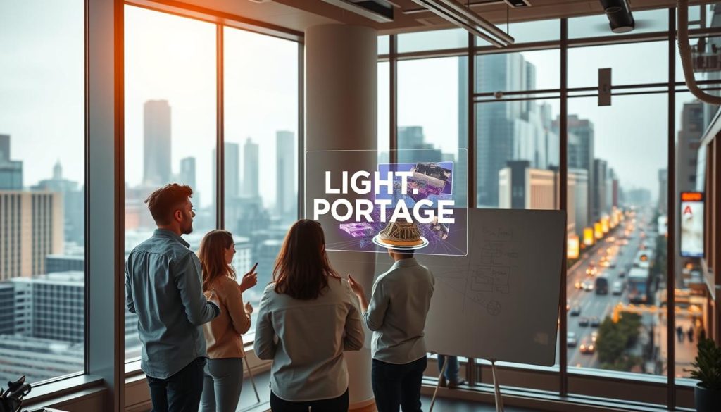 A sleek, modern office space with floor-to-ceiling windows, bathed in warm, natural light. In the foreground, a team of innovators gathered around a large, interactive whiteboard, brainstorming ideas and sketching out a strategy. The LIGHT PORTAGE logo is prominently displayed on the wall behind them. In the middle ground, a 3D holographic model of a new product prototype hovers, rotating gently. The background features a cityscape with skyscrapers and a vibrant, bustling street scene, suggesting a thriving, innovative ecosystem. The overall atmosphere is one of collaboration, creativity, and a forward-thinking mindset.