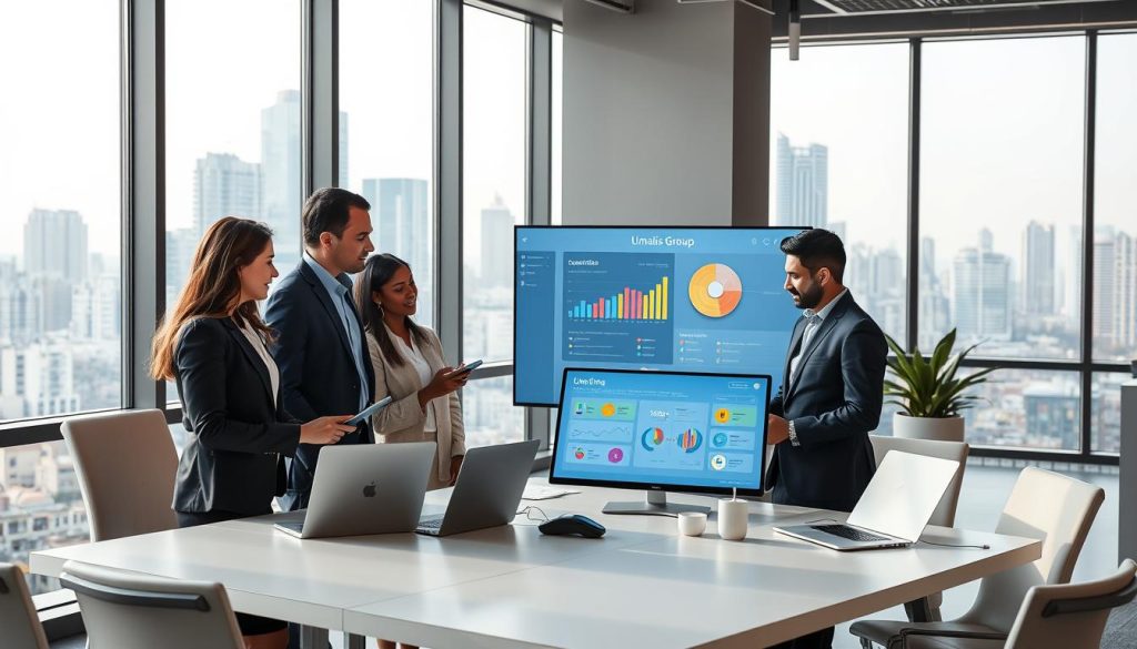 A sleek, modern office space with large windows overlooking a bustling city skyline. In the foreground, a team of professionals from the Umalis Group agency collaborating on a digital presentation, their expressions focused and engaged. The middle ground features state-of-the-art communication equipment, including laptops, tablets, and a large interactive screen displaying colorful infographics. The background showcases a minimalist, yet sophisticated design aesthetic with clean lines, muted tones, and subtle accents that create a sense of professionalism and efficiency. The lighting is soft and natural, casting a warm glow over the scene and evoking a calm, productive atmosphere.
