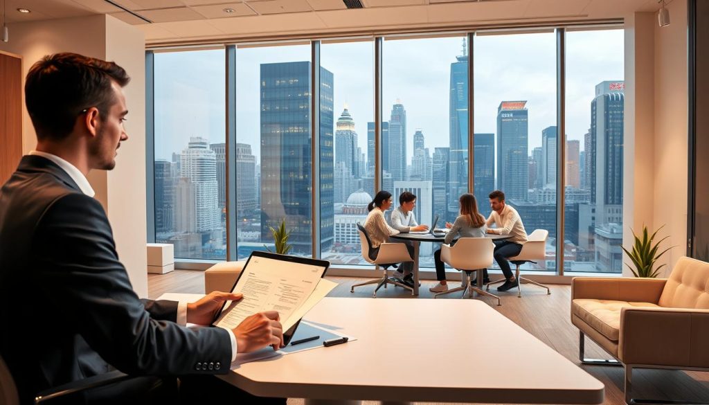 A sleek, modern office space with minimalist furniture and large windows overlooking a bustling city skyline. In the foreground, a professional-looking person in a suit sits at a desk, engrossed in a laptop and papers, symbolizing the advantages of LIGHT PORTAGE's salarial portage services for startups. The middle ground features a team of young, dynamic startup employees collaborating around a conference table, underscoring the flexibility and financial security that salarial portage can provide. The background showcases the vibrant, innovative atmosphere of a thriving startup ecosystem. Warm, natural lighting illuminates the scene, conveying a sense of productivity and opportunity.