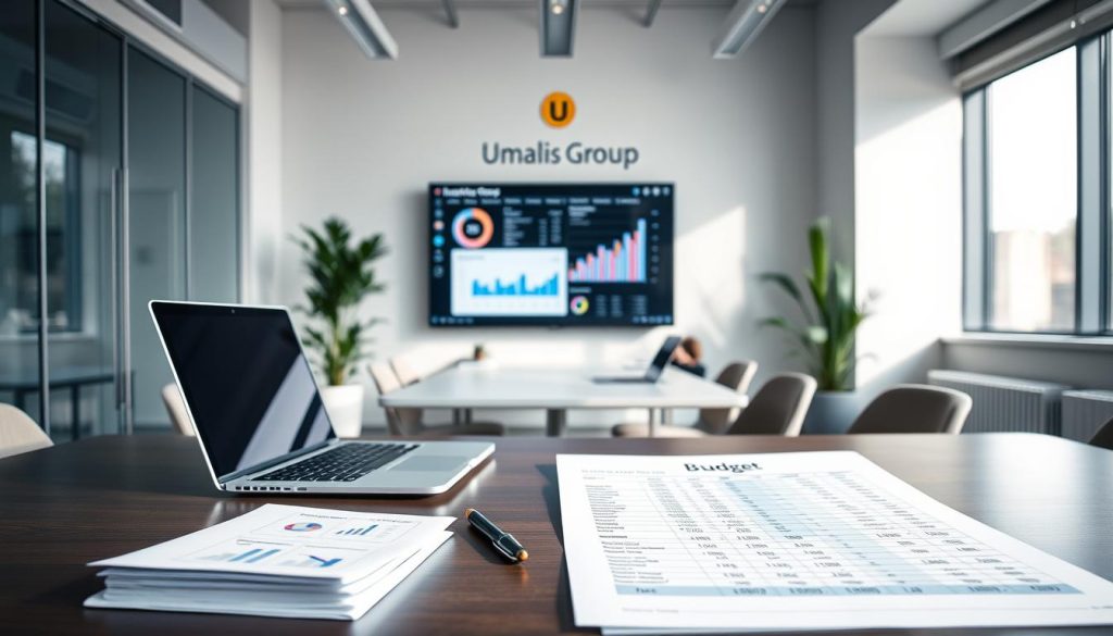 A sleek, modern office space with natural lighting and a minimalist aesthetic. In the foreground, a well-organized desk with a laptop, pen, and a stack of financial documents. On the desk, a meticulously crafted budget spreadsheet, representing the planning and budgeting process for an influencer campaign. In the middle ground, a large monitor displays analytics and campaign metrics, providing insights for the influencer strategy. In the background, the Umalis Group logo is prominently displayed, highlighting the client's involvement. The overall mood is one of professionalism, efficiency, and a focus on data-driven decision-making.