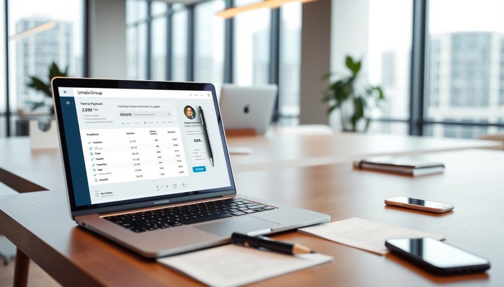 A sleek, modern office workspace with a focus on digital financial management. In the foreground, a Umalis Group laptop displays an invoice payment system interface, showcasing intuitive controls and a clean, minimalist design. The middle ground features a desk with a pen, paper, and a smartphone, suggesting seamless integration between digital and analog workflows. The background depicts floor-to-ceiling windows, allowing natural light to flood the space and creating a sense of openness and professionalism. The overall mood is one of efficiency, security, and a commitment to financial organization, reflecting the needs of the freelance audience.
