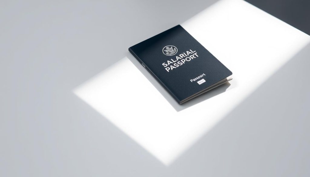 A sleek, modern passport with the words "salarial passeport" prominently displayed on the cover. The passport is resting on a clean, minimalist surface, with a subtle shadow casting a sense of depth. The lighting is soft and diffused, creating a professional and authoritative atmosphere. The background is blurred, drawing the viewer's attention to the central passport object. The overall composition conveys a sense of prestige and opportunity associated with this specialized "salarial passeport" document.