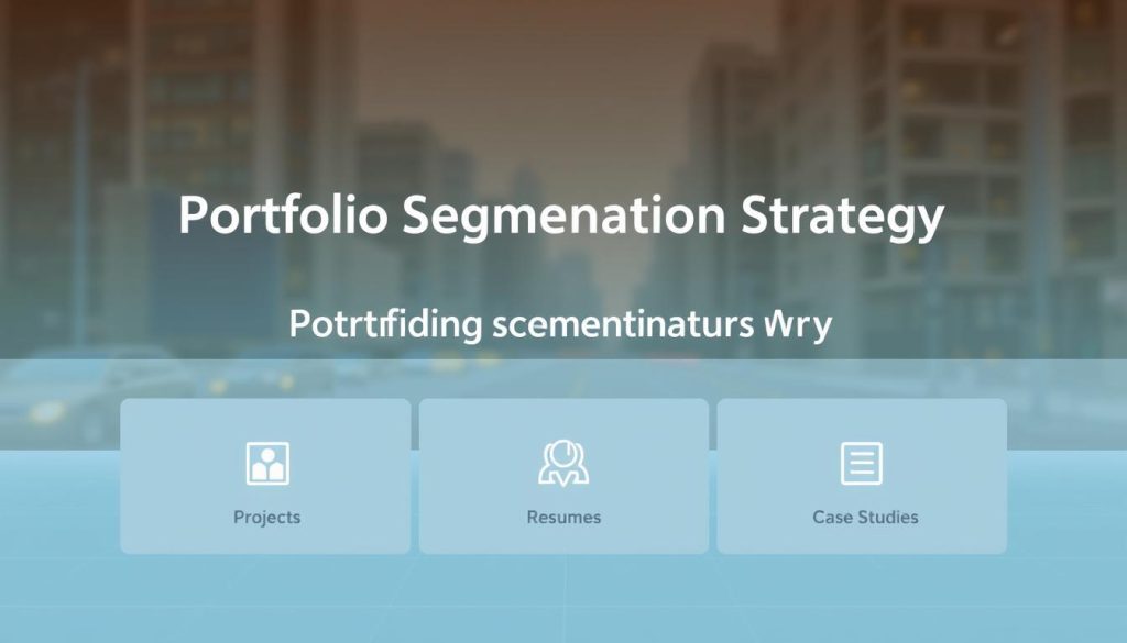A sleek, modern portfolio segmentation strategy visualization. In the foreground, a clean, minimalist design showcases three distinct portfolio sections: "Projects", "Resumes", and "Case Studies", each with a corresponding icon. The middle ground features a subtle grid layout, hinting at the organizational structure. In the background, a soft, blurred cityscape with the "Light Portage" brand name subtly incorporated, conveying a professional, urban atmosphere. Warm, directional lighting creates depth and highlights the key elements. The overall composition is balanced, with a sophisticated, streamlined aesthetic that aligns with the article's subject matter.