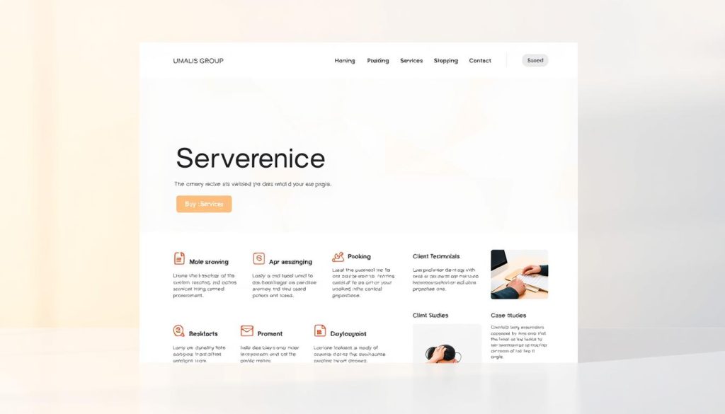 A sleek, modern service page design for the Umalis Group, set against a clean, minimalist backdrop. In the foreground, a hero section showcases the company's key service offerings, each with a bold, visual icon and concise, descriptive text. The middle ground features a series of client testimonials and case studies, presented in a dynamic, grid-like layout. In the background, a subtle, geometric pattern adds depth and texture, while a soft, neutral color palette conveys a sense of professionalism and trust. Warm, directional lighting from the left accentuates the page's elegant, balanced composition, creating an inviting and visually compelling user experience.