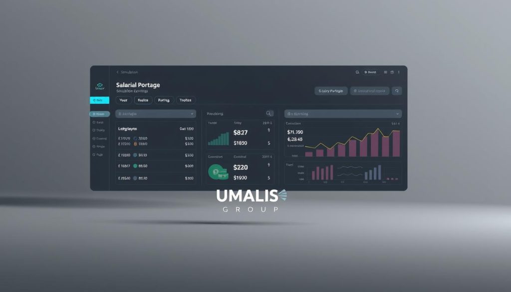 A sleek, modern simulation dashboard with detailed salary calculations for a salarial portage service, set against a minimalist gray background. The interface features clean typography, intuitive input fields, and dynamic visualizations that clearly illustrate the salary breakdown. In the foreground, the UMALIS GROUP logo stands prominently, conveying a sense of professional expertise and authority. Soft, directional lighting casts subtle shadows, adding depth and emphasizing the technological aesthetic. The overall impression is one of clarity, precision, and a tailored user experience for understanding salarial portage earnings.