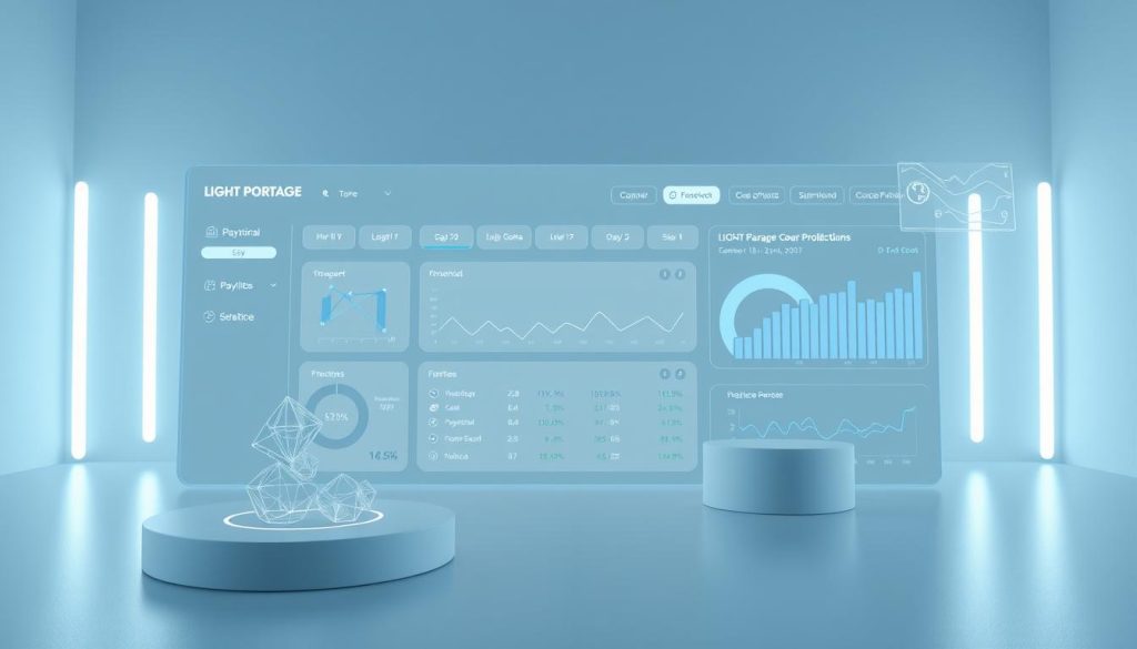 A sleek, modern simulation interface showcasing the LIGHT PORTAGE payroll service mechanism. A minimalist dashboard displays key financial metrics and projections, with intuitive controls and visualizations. The scene is bathed in cool, neutral tones, evoking a sense of professionalism and precision. Subtle 3D elements, such as wireframe models and data visualizations, float in the digital space, creating depth and a futuristic ambiance. The overall aesthetic is clean, user-friendly, and designed to instill confidence in the platform's capabilities to accurately simulate and manage freelance income.