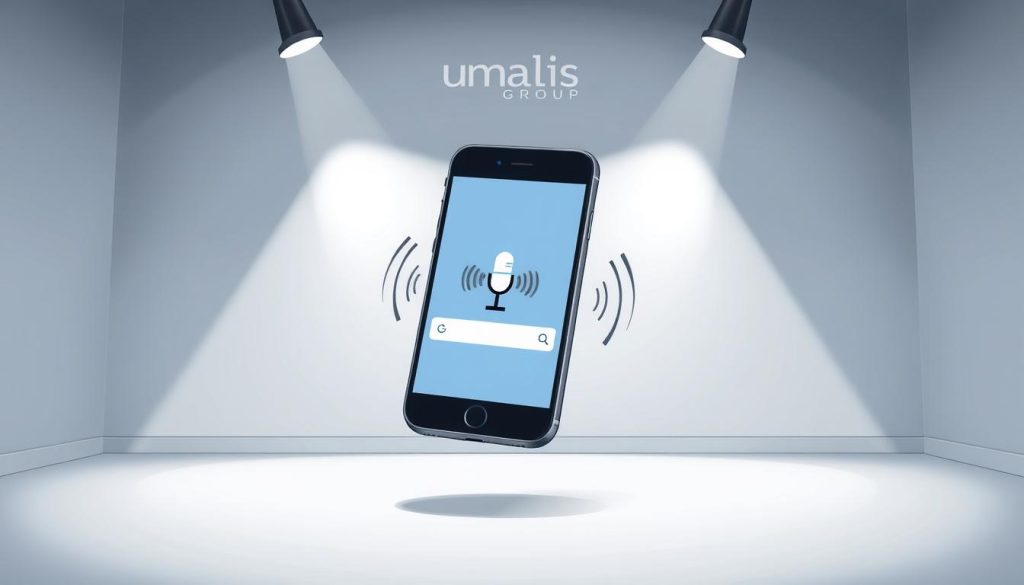 A sleek, modern smartphone hovers in a minimalist, well-lit studio environment. The device's screen displays a voice search interface, with audio waves emanating from the microphone icon. In the background, a subtle Umalis Group logo adds a touch of branding. The overall composition conveys a sense of efficiency and technological advancement, reflecting the power of mobile voice search optimization in local SEO.