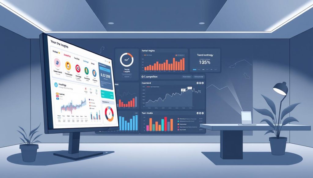 A sleek, modern social listening dashboard for competitive analysis, designed by the Umalis Group. In the foreground, a large, high-resolution display shows an intuitive interface with real-time insights, sentiment analysis, and trend monitoring across various social media platforms. The middle ground features detailed graphs, charts, and visualizations that provide a comprehensive overview of the brand's performance relative to competitors. The background showcases a minimalist, elegant workspace with subtle lighting and clean lines, creating a professional, data-driven atmosphere. The overall composition emphasizes the power of social listening to gain a strategic advantage in the market.