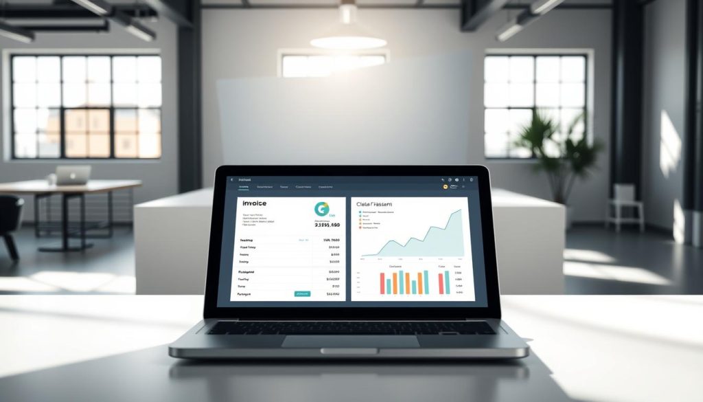 A sleek, modern software interface for online invoicing and billing, designed by the Umalis Group. In the foreground, a clean dashboard with intuitive controls, displaying an itemized invoice. The middle ground features a stylized graph visualizing cash flow and revenue trends. In the background, a minimalist office setting with natural lighting streaming through large windows, conveying a sense of productivity and professionalism. The overall atmosphere is one of efficiency, organization, and user-friendly design, perfectly suited to manage freelance billing and accounting needs.