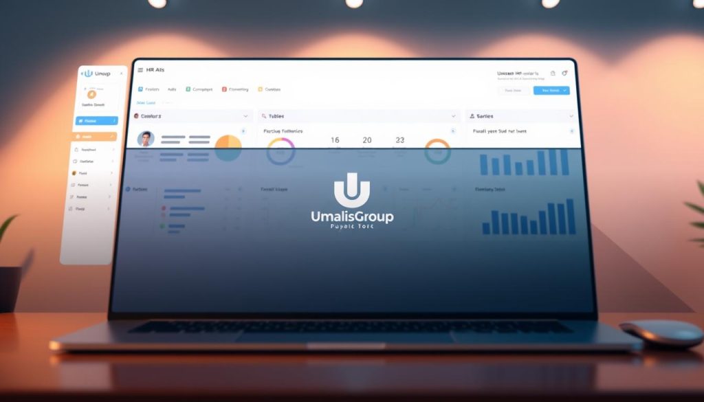A sleek, modern software interface showcasing HR management tools for managing sick leave. In the foreground, a clean dashboard with intuitive controls and data visualizations, conveying efficiency and organization. The middle ground features a Umalis Group logo, signifying a trusted HR solution. In the background, subtle gradients and geometric shapes create a professional, minimalist atmosphere. Warm, directional lighting accentuates the clean lines and highlights the software's user-friendly design. The overall image reflects a comprehensive, streamlined approach to managing employee sick leave, in line with the article's practical guidance.