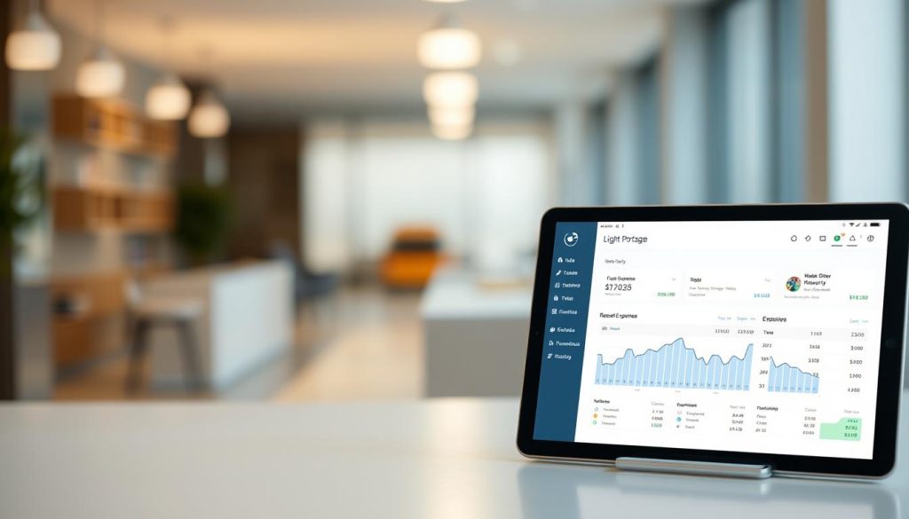 A sleek, modern software interface showcasing the essential features of an expense management tool. In the foreground, a clean, minimalist dashboard displays a breakdown of recent business expenses, with intuitive data visualizations and smooth user controls. The middle ground features a crisp, high-resolution image of the "Light Portage" branded expense tracking app, running on a tablet device with a tactile, responsive interface. The background is subtly blurred, allowing the app interface to take center stage, conveying a sense of functionality and professionalism. The overall scene is well-lit, with a soft, natural lighting that enhances the product's aesthetic appeal and usability.