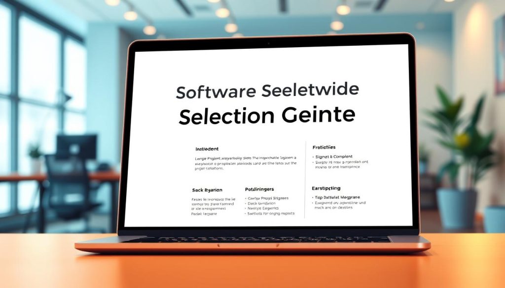 A sleek, modern software selection guide for project management, featuring a clean, minimalist design. The guide is displayed on a laptop screen, bathed in warm, directional lighting that highlights the crisp typography and elegant layout. In the background, a blurred office workspace with subtle geometric patterns provides context, while the foreground showcases the guide's intuitive interface and well-organized sections. The overall tone is professional, informative, and visually appealing, reflecting the needs of independent professionals seeking effective project management solutions.