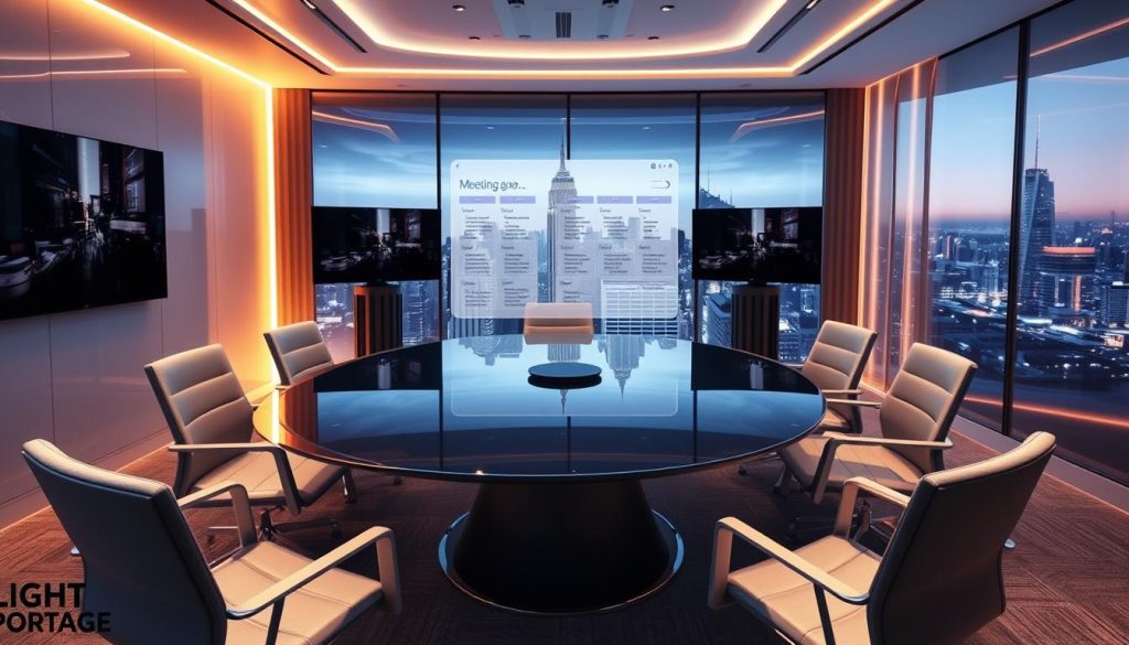A sleek, modern virtual meeting space with LIGHT PORTAGE branding. The foreground features a curved, floating glass table surrounded by ergonomic chairs, a holographic meeting agenda hovering above. The middle ground showcases state-of-the-art video conferencing displays, seamlessly integrated into the walls. The background depicts a panoramic virtual city skyline, bathed in warm, ambient lighting that creates a productive, collaborative atmosphere. Subtle touches of the company's branding are tastefully incorporated throughout the scene.