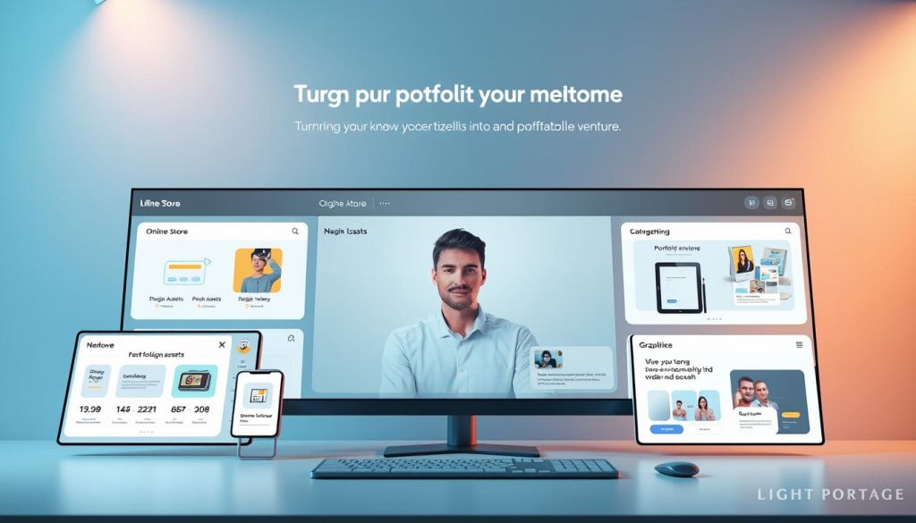 A sleek, modern website dashboard showcases a range of digital portfolio offerings from the LIGHT PORTAGE brand. In the foreground, various icons and UI elements represent different monetization features - an online store selling design assets, a booking system for portfolio reviews, and promotional graphics. The middle ground features a professional headshot of a digital creator, conveying a sense of authority and expertise. In the background, a minimalist geometric pattern in soft blues and grays creates a clean, sophisticated atmosphere. Warm, directional lighting from the top left casts subtle shadows, highlighting the 3D depth and tactile quality of the scene. The overall mood is one of productivity, capability, and a streamlined approach to turning a portfolio into a profitable venture.