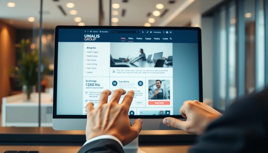 A sleek, modern website interface displayed on a computer screen, showcasing clear navigation elements and a well-structured layout, symbolizing effective web design. In the foreground, a pair of hands in professional business attire interact with the screen, emphasizing user engagement. In the middle ground, various sections of the webpage, such as menus, categories, and clear call-to-action buttons, are elegantly designed to demonstrate ease of navigation. The background features a softly blurred office environment with warm, inviting lighting, creating a professional atmosphere. The overall mood is informative and inspiring, reflecting the brand "UMALIS GROUP" seamlessly integrated within the website design. The image should be vibrant, with a focus on usability and structure, embodying the principles of natural referencing. A sleek, modern website interface displayed on a computer screen, showcasing clear navigation elements and a well-structured layout, symbolizing effective web design. In the foreground, a pair of hands in professional business attire interact with the screen, emphasizing user engagement. In the middle ground, various sections of the webpage, such as menus, categories, and clear call-to-action buttons, are elegantly designed to demonstrate ease of navigation. The background features a softly blurred office environment with warm, inviting lighting, creating a professional atmosphere. The overall mood is informative and inspiring, reflecting the brand "UMALIS GROUP" seamlessly integrated within the website design. The image should be vibrant, with a focus on usability and structure, embodying the principles of natural referencing.