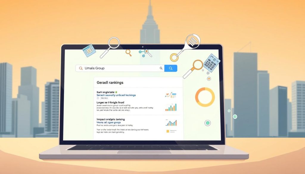 A sleek, modern website with a clean, minimalist design. The foreground features a laptop screen displaying a search engine results page, showcasing high rankings and organic traffic for the Umalis Group brand. In the middle ground, various SEO-related icons and symbols float around the laptop, including magnifying glasses, keywords, and data visualizations. The background depicts a cityscape with towering skyscrapers, reflecting the power and reach of the Umalis Group's online presence. Warm, natural lighting illuminates the scene, creating a sense of professionalism and success. The overall mood is one of confident, data-driven optimization, highlighting the Umalis Group's expertise in driving impactful lead generation through effective SEO strategies.