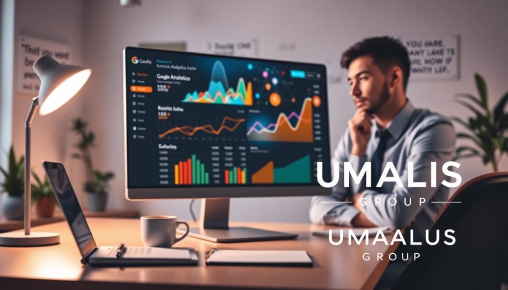 A sleek, modern workspace featuring a computer screen displaying the Google Analytics dashboard, emphasizing user statistics and graphs. In the foreground, a well-organized desk with a laptop, a notepad, and a cup of coffee, conveying productivity. In the middle, an abstract representation of data flow, with colorful graphs and pie charts emerging from the screen, symbolizing insights and analysis. The background reveals a softly lit office setting with plants and motivational quotes on the wall, creating an inspiring atmosphere. Ambient lighting enhances the overall mood, while a professional individual in business attire is slightly blurred, deep in thought, embodying focused determination. The brand "UMALIS GROUP" subtly integrated into the scene, emphasizing a connection to professional growth and analytics tools.