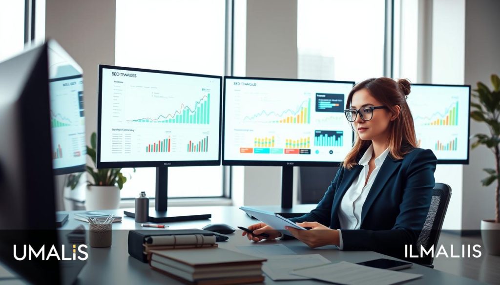 A sleek, modern workspace showcasing a digital marketing expert analyzing SEO techniques on dual monitors displaying graphs and website analytics. In the foreground, a professional woman in smart business attire is focused on her work, surrounded by notepads and SEO strategy documents. The middle layer features bright screens with colorful charts and analytical data reflecting algorithms and keyword optimization. The background reveals a contemporary office environment, with natural light streaming through large windows, casting soft shadows. The atmosphere is energetic yet focused, emphasizing productivity and technological sophistication. Subtle branding elements of "UMALIS GROUP" are integrated into the workspace decor, creating a professional setting. A sleek, modern workspace showcasing a digital marketing expert analyzing SEO techniques on dual monitors displaying graphs and website analytics. In the foreground, a professional woman in smart business attire is focused on her work, surrounded by notepads and SEO strategy documents. The middle layer features bright screens with colorful charts and analytical data reflecting algorithms and keyword optimization. The background reveals a contemporary office environment, with natural light streaming through large windows, casting soft shadows. The atmosphere is energetic yet focused, emphasizing productivity and technological sophistication. Subtle branding elements of "UMALIS GROUP" are integrated into the workspace decor, creating a professional setting.
