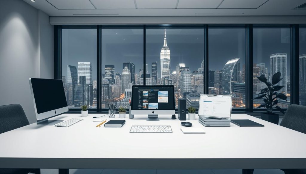 A sleek, modern workspace with a Light Portage project management toolkit in the foreground. Minimalist design with clean lines and a neutral color palette, creating a focused and productive atmosphere. The middle ground features an array of digital devices and productivity tools, reflecting the methodical organization of a freelance workflow. In the background, a large window overlooks a bustling city skyline, hinting at the importance of work-life balance. Soft, even lighting highlights the professionalism and efficiency of the scene. The overall composition conveys a sense of control, structure, and the mastery of project deadlines for the independent professional.