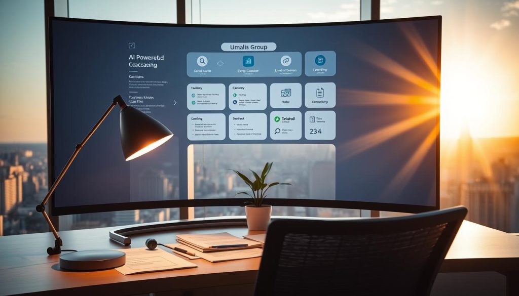 A sleek, modern workspace with a large, curved monitor displaying an array of AI-powered career coaching tools. Umalis Group's logo is discreetly visible on the monitor's bezel. In the foreground, a stylish desk lamp casts a warm, focused light, illuminating various career-oriented documents and a professional-looking headset. The middle ground features a minimalist, ergonomic chair and a potted plant, creating a sense of balance and productivity. The background showcases a panoramic cityscape, with the sun's rays filtering through large windows, lending an air of inspiration and possibility.