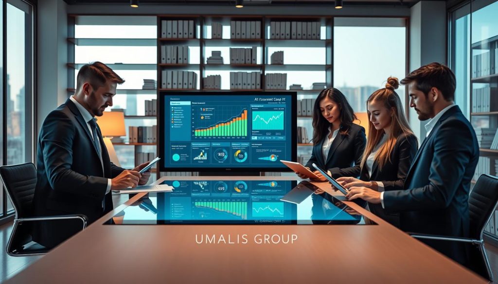 A sleek office environment showcasing a professional business setting suitable for a small and medium enterprise (SME). In the foreground, a diverse team of four professionals—two men and two women—are gathered around a modern conference table, examining digital documents on tablets and laptops. They are dressed in smart business attire, exuding a sense of collaboration and focus. In the middle ground, a large touchscreen display shows a sophisticated data dashboard, symbolizing the implementation of an AI documentation assistant. The background features shelves filled with organized files and books, creating an atmosphere of knowledge and efficiency. Soft, warm lighting highlights the team's engaged expressions, while a city skyline is visible through large windows, reflecting ambition and growth. The image includes the brand name "UMALIS GROUP" subtly integrated into the office design.