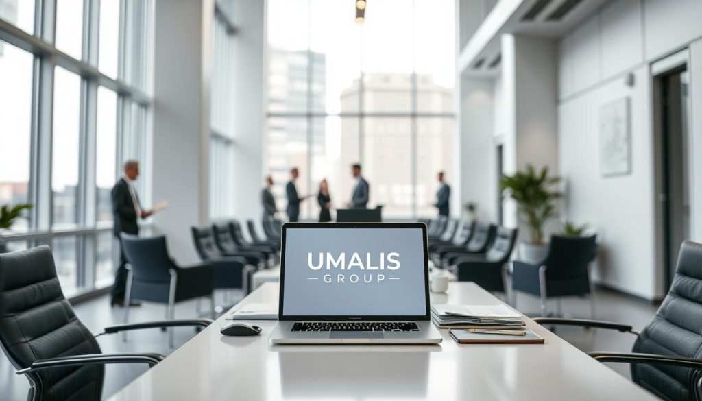 A sleek office interior with tall windows, modern furniture, and a focus on a central desk. On the desk, a laptop, documents, and a UMALIS GROUP logo prominently displayed. The space has a professional, efficient atmosphere, with strategic lighting highlighting the key elements. In the background, blurred figures suggest the presence of colleagues, creating a sense of a collaborative workspace dedicated to the practice of "portage salarial" and mission management.