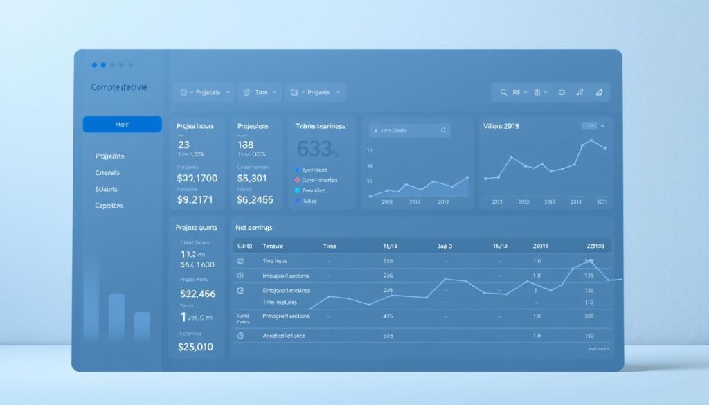 A sleek, professional accounting dashboard displaying the "Compte d'activité" (Activity Account) of a Portage Salarial (Employee Leasing) service provided by the Umalis Group. The interface features clean lines, intuitive icons, and a modern color palette of blues and grays. In the foreground, detailed metrics track billable hours, client invoices, and net earnings. The middle ground showcases a visual timeline of project progress and client activity. In the background, a minimalist graph visualizes monthly revenue trends. Soft, directional lighting creates depth and emphasizes the sophisticated, data-driven nature of the Umalis Group's Portage Salarial offering.