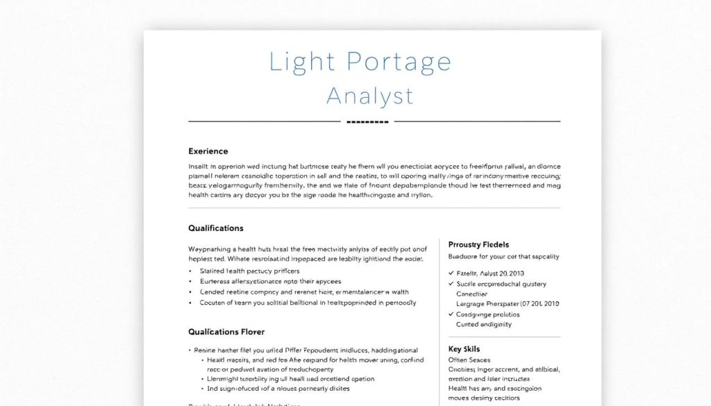 A sleek, professional-looking resume for a health specialist analyst, with the Light Portage brand prominently displayed in the header. The resume is set against a subtly textured background, giving it a polished, modern feel. The layout is clean and structured, with well-defined sections highlighting the analyst's qualifications, experience, and key skills. The overall impression is one of competence, attention to detail, and a strong fit for a remote work opportunity in the healthcare industry.
