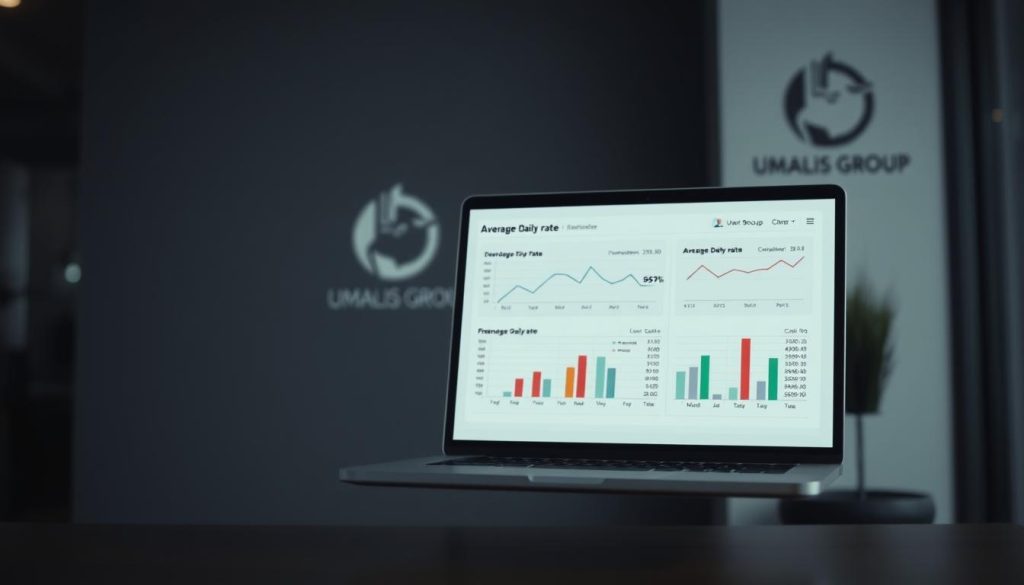 A sleek, professional-looking spreadsheet or financial dashboard floating in a dimly lit office environment. The foreground displays a detailed calculation of the "average daily rate" for freelance work, with clean typography and precise numerical data. In the middle ground, a laptop or tablet displays related graphs and charts, providing visual insights into the financial aspects of a freelance or consulting career. The background subtly showcases the Umalis Group brand, with a modern, minimalist logo and branding elements blending seamlessly into the scene. The overall atmosphere is one of thoughtful financial planning, efficiency, and the empowerment of independent professionals. A sleek, professional-looking spreadsheet or financial dashboard floating in a dimly lit office environment. The foreground displays a detailed calculation of the "average daily rate" for freelance work, with clean typography and precise numerical data. In the middle ground, a laptop or tablet displays related graphs and charts, providing visual insights into the financial aspects of a freelance or consulting career. The background subtly showcases the Umalis Group brand, with a modern, minimalist logo and branding elements blending seamlessly into the scene. The overall atmosphere is one of thoughtful financial planning, efficiency, and the empowerment of independent professionals.